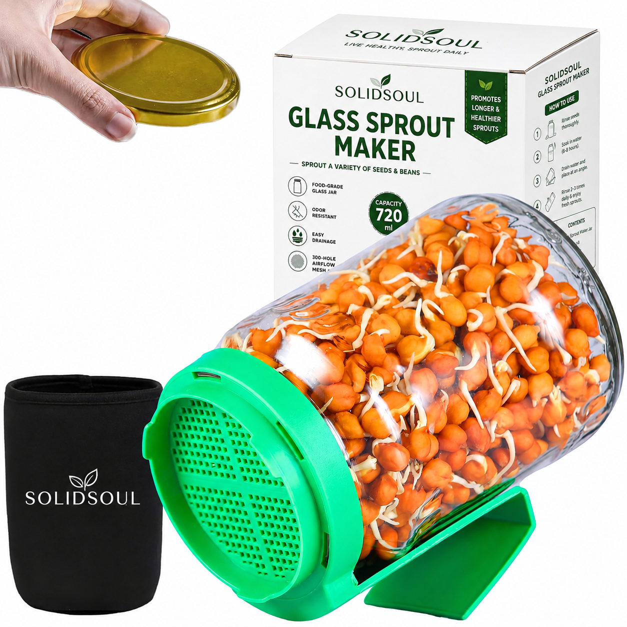 Sprout Maker Jar with Drain Lid & Stand